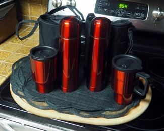 Insulated Thermos And Cup Set Qty 2, Wood Turkey Carving Board And Place Mats,Qty 4