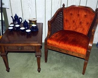 Vintage Mersman End Table, 20" x 21" x 27" And Upholstered Rounded Back Side Chair