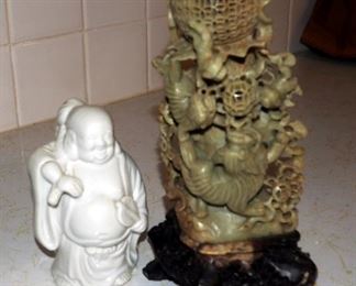 10" Tall Asian Stone Carving With Lion Family With A Porcelain Buddha