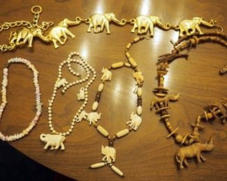 Carved African Animal Necklace, Carved Bone Elephant Necklace, Metal Elephant Belt, Pooka Shell Necklace And More
