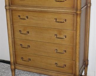 Mid-Century Drexel Furniture Company bedroom suite Oak Hi-boy 5 Drawer chest.  (38”W x 21”D x 49”H)
