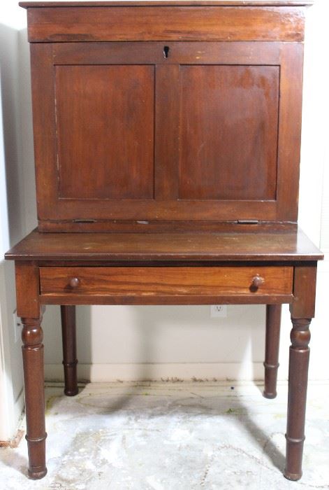  Antique plantation desk, all hardwoods.  Front drops to create a desk top,  circa 1830-1850’s  (25”D x  36”W x 58”H at back) 