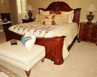 American Drew king bed and night stands, custom bedding with matching ottoman