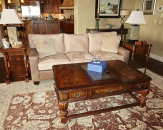 Charles Ray tan leather and micro suede upholstery, Burl wood coffee table by Fine Furniture, Peshawar rug, appr. 9' x 12'