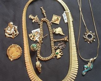 18k Cleopatra necklace, 18k charm bracelet with emeralds, and other 14k and 18k jewelry