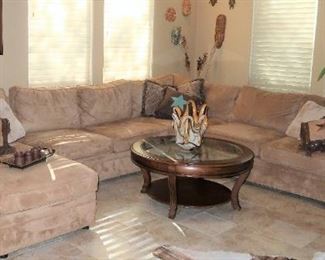 Pottery Barn sectional in tan microfiber upholstery