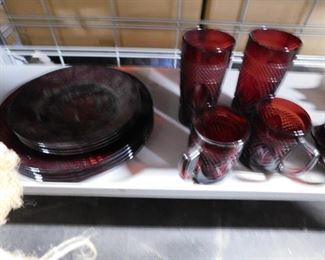 11 pc Ruby red glassware 4-10" dinner plates 3- 8" salad plates 2 tumblers 2 mugs 