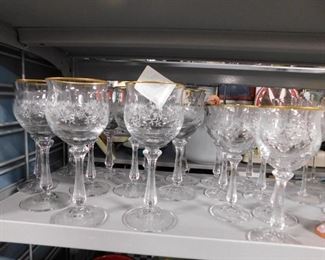 18 pc Gold rimmed fancy stem crystal goblets 11-8" tall 7- 7"tall