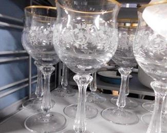 18 pc Gold rimmed fancy stem crystal goblets 11-8" tall 7- 7"tall