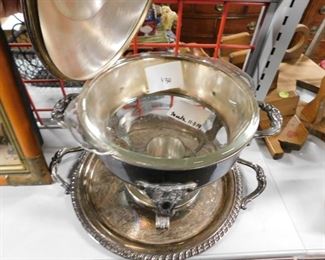Chrome  round chafing dish with glass insert and lid and tray