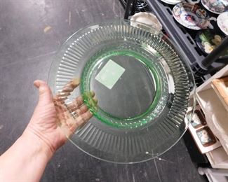 Green Vaseline glass round serving plate