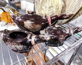 3 Vintage brown glaze duck jars 2 with lids