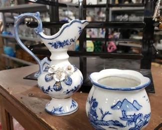 Capodimonte style small pitcher makers mark & Asian themed ceramic blue & white small jar pot