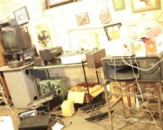 Random electronics, case of brand new hifi 8" audio speakers, Altec / Kustom Horn speaker, tvs, random speakers and computer speakers. Several nice wall pictures, metal stand