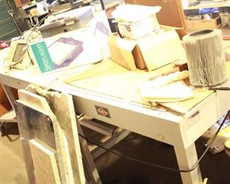 Large light table $100, one large light table next to it for $50 (needs new glass), pieces of granite, 1ft x 1ft light table in box by Spotlight with computer hookup