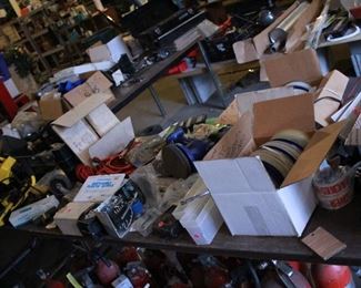 Boxes of SMT capacitors and resistors, tools, bumper pool parts, auto parts (NOS vintage light covers), Lots of odds and ends
