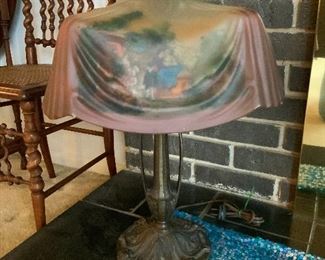 Antique Reverse Painted Square Lampshade Lamp