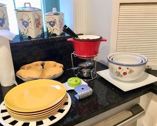 Dishes, canisters, fondue pot, nesting mixing bowls 