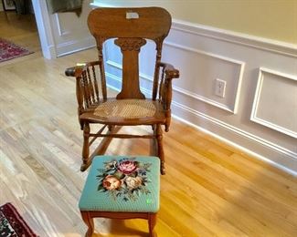 Beautiful antique oak rocker & needlepoint stool 