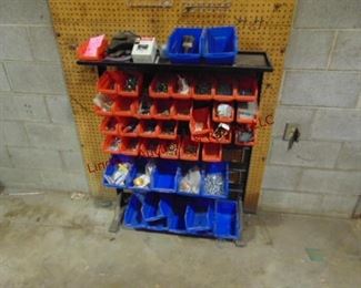 Freestand sorter bin w/ 42 bins, some contents