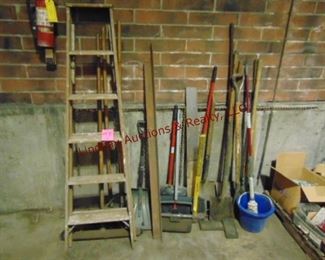 6' stepladder, brooms, shovels, dust pans, sledge hammer, post diggers, other