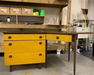 Mid century modern, Khoury Furniture, Iron Mountain, MI desk and small dresser. Desk portion rests up against the dresser. 