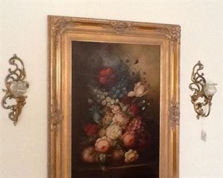 Large old painting of flowers. Beautiful frame.