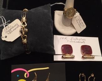 Seidengang "Athena" 18k & diamond ring; 14k & intaglio earrings; 18k, sapphire & diamonds bracelet