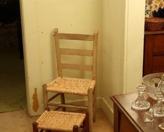 Antique ladder back chair and footstool, both with Hunter family seats.