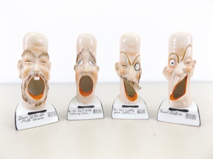 Set of 4 RARE&nbsp;Schafer Vater Singing Bald Fellows&nbsp;Porcelain&nbsp;Ashtrays
