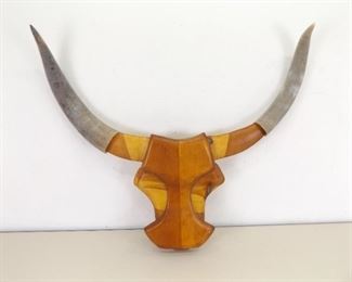 Wood Longhorn Sculpture with Real Horn Attachments
