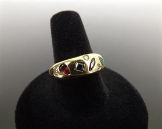 18k Yellow Gold Diamond, Ruby, Sapphire, and Emerald Ring Size 9
