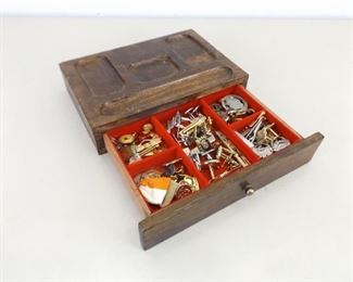 Wood Box of Mens Cufflinks, Jewelry, etc.
