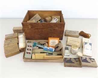 Lot of Vintage Military First Aid Items in a Wood Box
