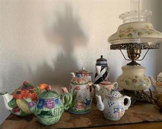 Tea pot collection, hurricane lamp