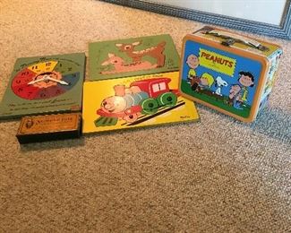 Older wooden puzzles, Peanuts lunch box with thermos in good condition