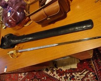 Vintage 1950's Ceremonial Navy Sword. (Leather sheath has some damage on the flap)