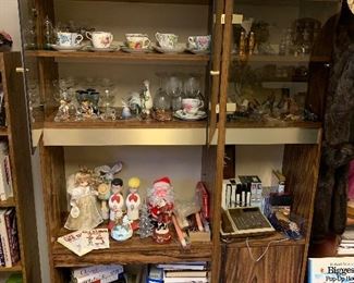 Media cabinet, books, tea cups, holiday collectibles, Fostoria glasses and other fun finds