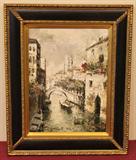 Oil on Canvas depicting a Canal Scene, signed R. Lowry