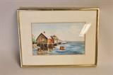 Framed Watercolor depicting a Dock Scene signed Ginny Spreen