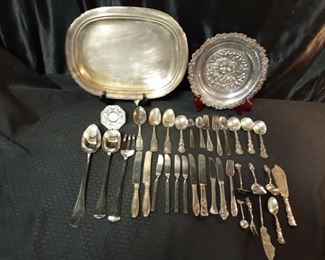 Huge mix of silver plate flatware, platters and Waterford Crystal clock