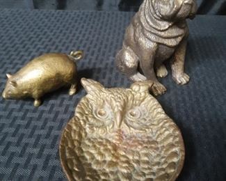 Vintage brass owl, pig dog