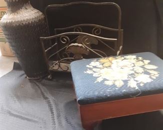 Foot stool, vase, magazine rack