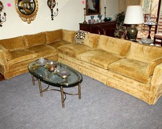 #1 - Vintage Henredon Gold Upholstered Down Sectional Sofa