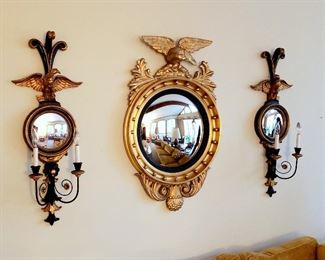 #17 - Regency Style Eagle Convex Mirror and Matching Sconces