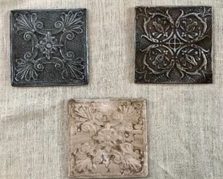 Set of 3 Painted Antique Ceiling Tiles mounted on wood frame