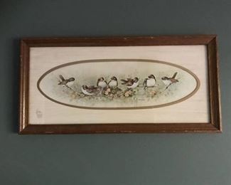 Framed print of birds on a flowering branch by Margie Morrow 1983 (with glass)