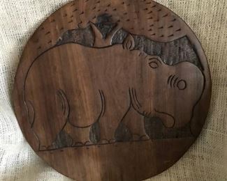 2 Sided--Rhino Elephant Hand Carved Dark Teak Wood Round Sculpture Plate