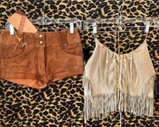 Never worn 1960s leather Low rise Hot Pants and groovy fringe leather halter