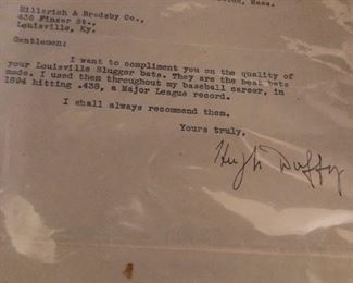 1926 Hugh Duffy signature on letter endorsing Louisville Sluggers